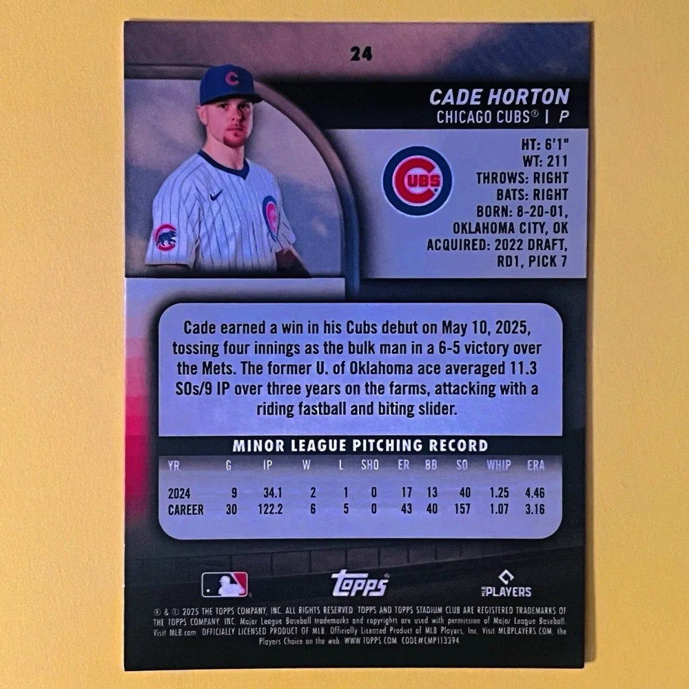 2025 Topps Stadium Club Baseball Cade Horton RC Rookie Card #24‎ Chicago Cubs